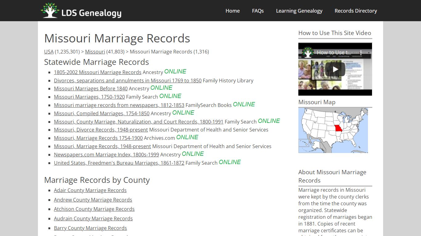 Missouri Marriage Records - LDS Genealogy
