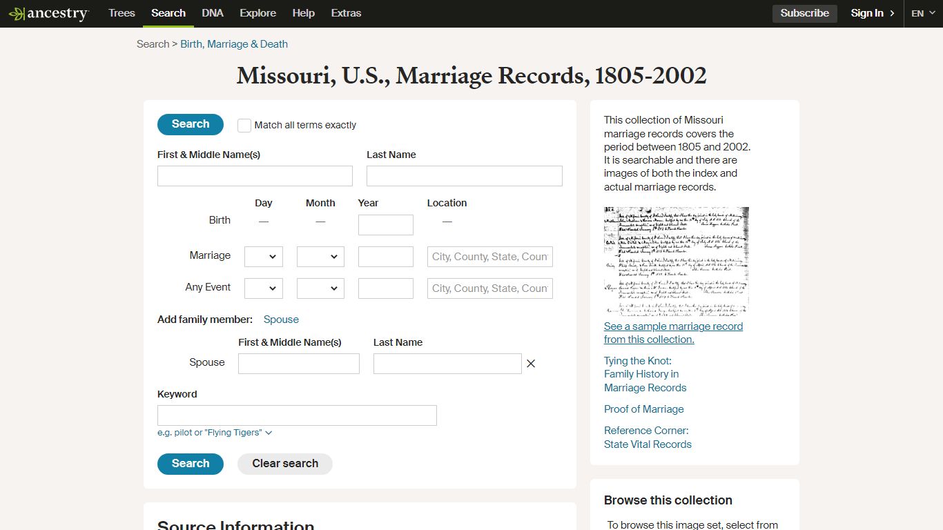 Missouri, U.S., Marriage Records, 1805-2002 - Ancestry